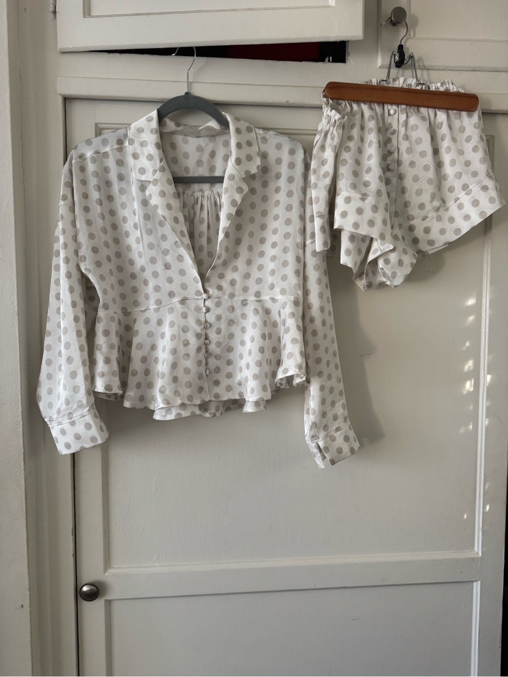 Free People Polka Dot Peplum Button-Front Top in Light Gray